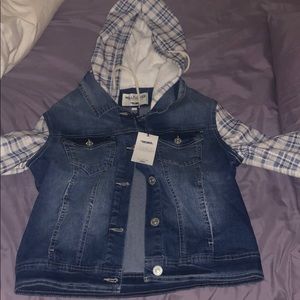 Jean Jacket with plaid sleeves/hood